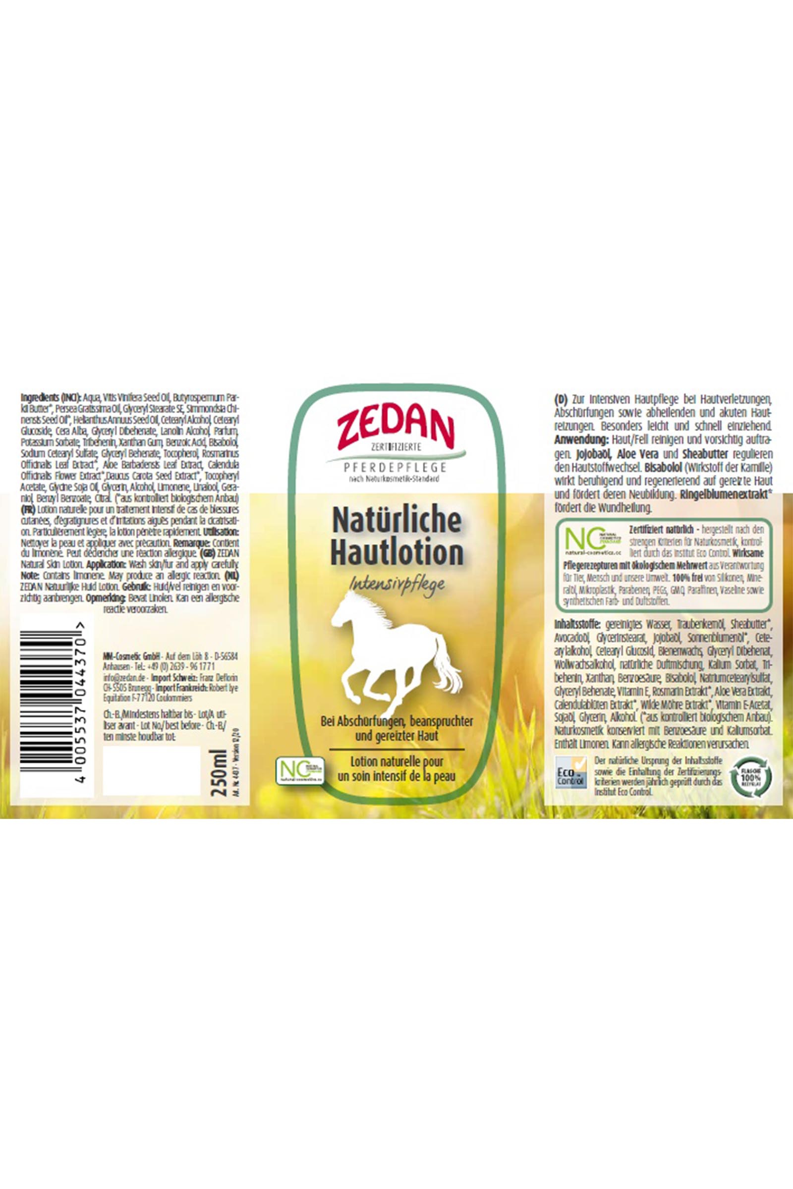Zedan Lotion naturelle pour la peau Soin intensif, 250ml