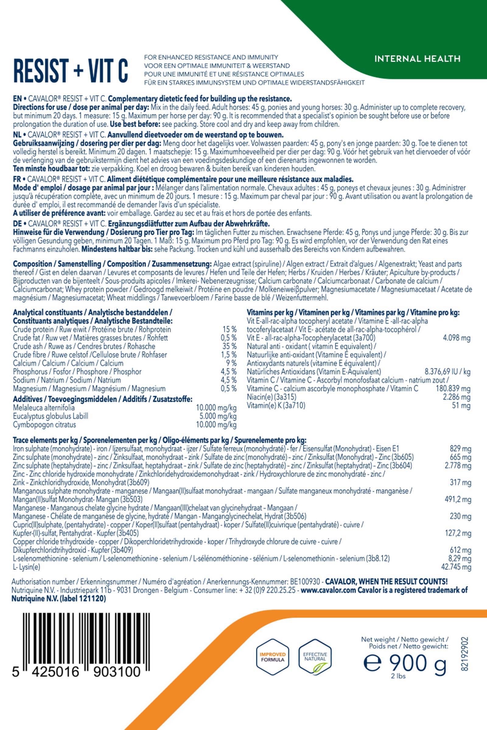 Cavalor Resist + Vit C, Système immunitaire, 900 g