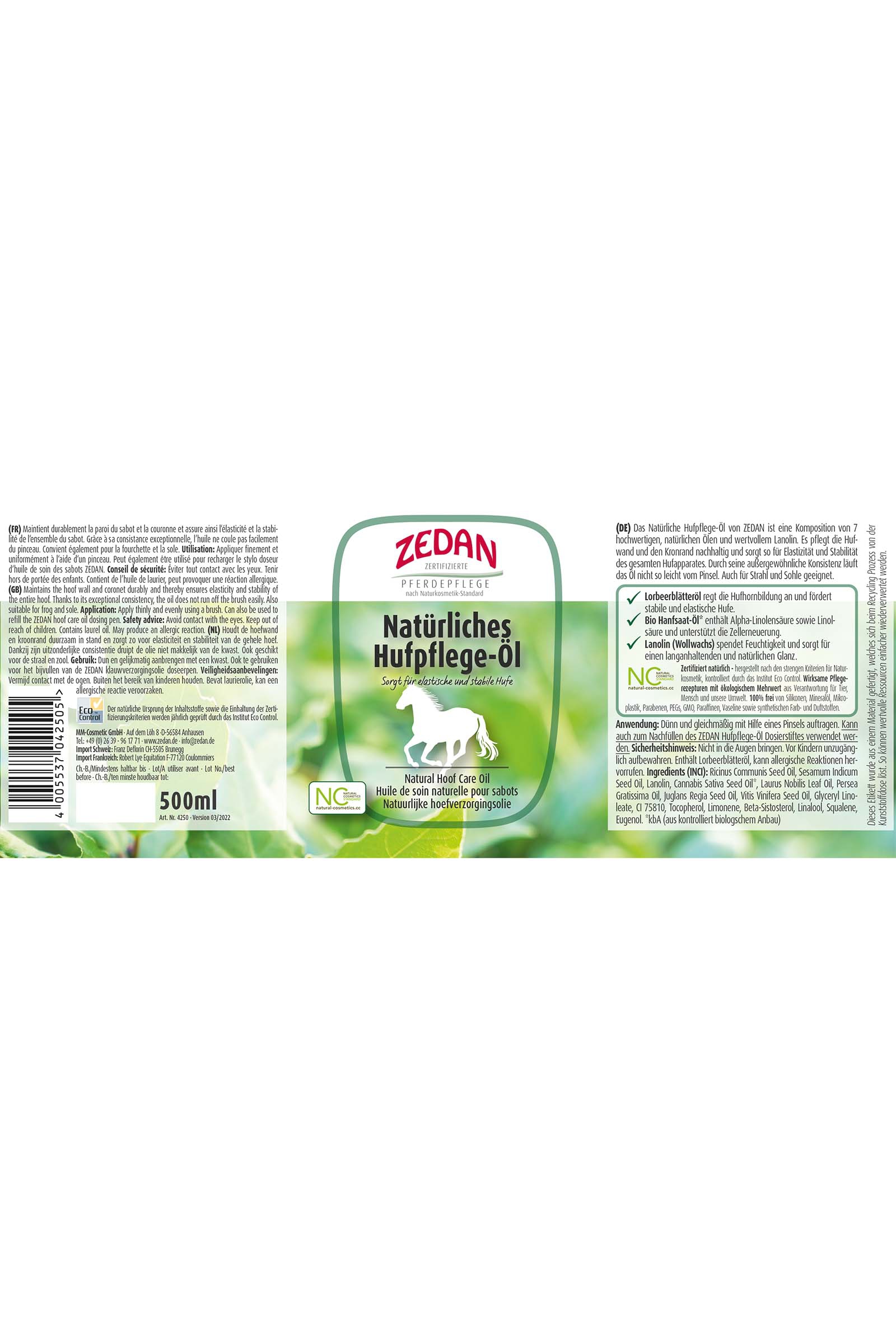 Zedan Huile de soin naturelle pour sabots, 500ml