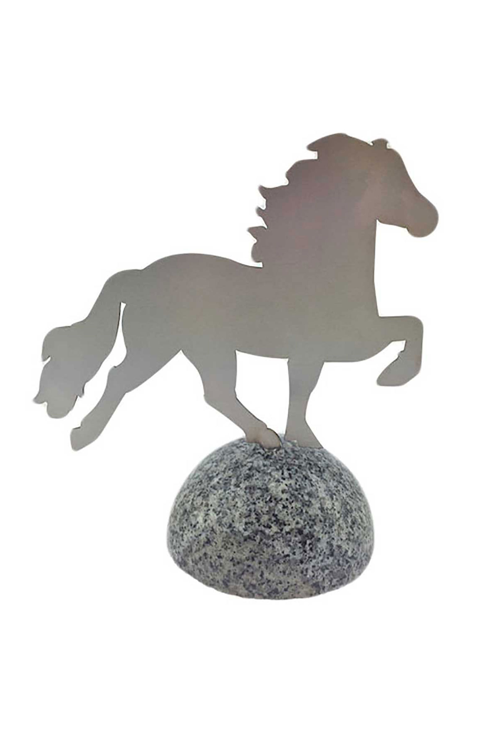 Cheval Karlslund décoratif, en inox sur une pierre polie