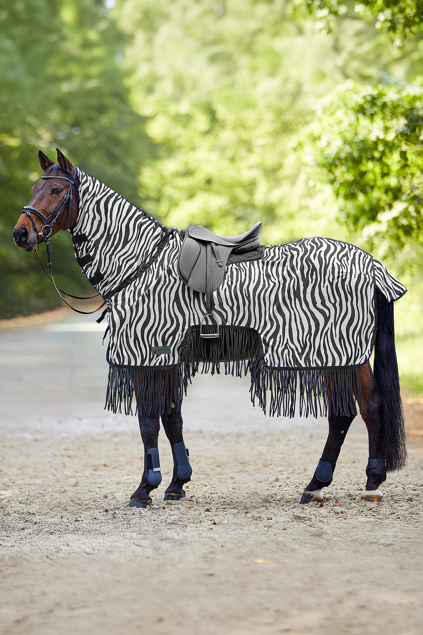 Waldhausen Zebra couverture anti-mouches avec d&eacute;coupe de selle et franges, protection UV