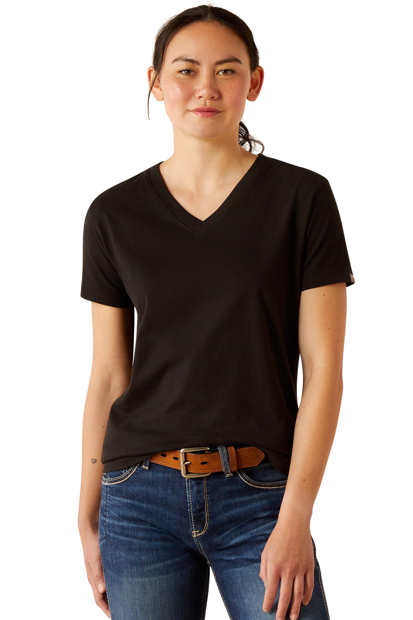 Black Ariat T-shirt Rebar Cotton Strong col V standard pour femme  